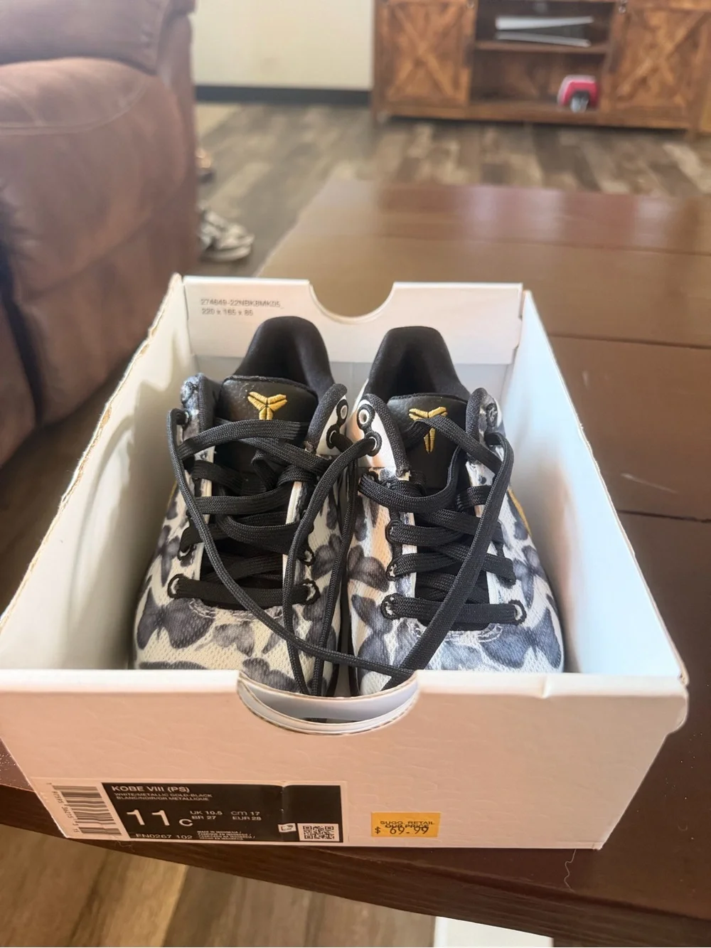 Kobe VIII (PS)-Kids Athletic Shoes - Black, White & Gold Floral Pattern